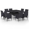 Set mobilier gradina, 9 piese, negru, poliratan, lemn acacia