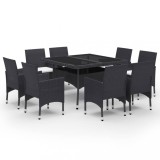 Set mobilier gradina, 9 piese, negru, poliratan, lemn acacia
