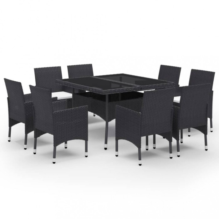 Set mobilier gradina, 9 piese, negru, poliratan, lemn acacia