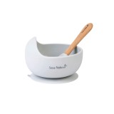 Bol anti-alunecare din silicon alimentar si lingurita, set de 2 piese pentru diversificare, Grey