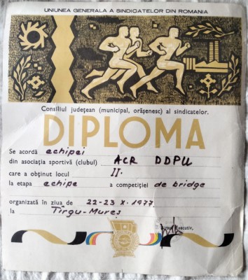 Diploma de bridge 1977 T&amp;acirc;rgu Mureș foto