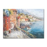 Tablou peisaj stilizat lacul Como pictat manual, Colt de rai, 70x50cm ulei pe panza in cutit efect 3D, Magistral
