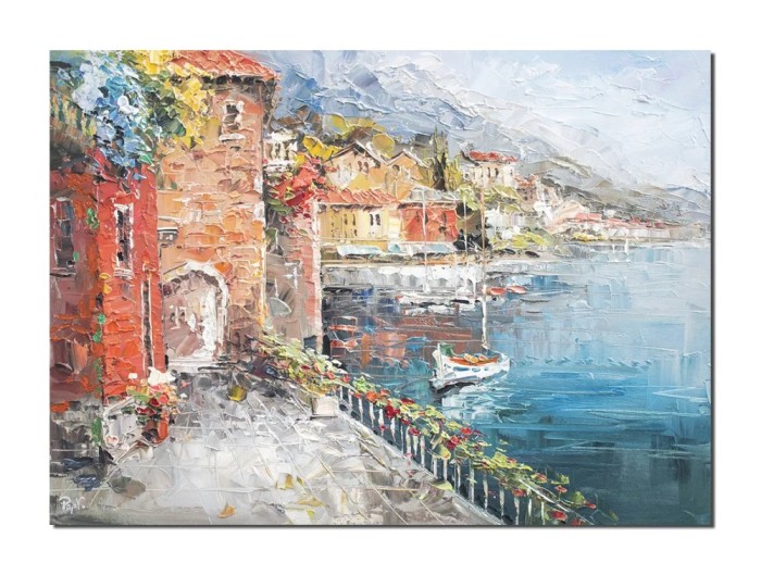 Tablou peisaj stilizat lacul Como pictat manual, Colt de rai, 70x50cm ulei pe panza in cutit efect 3D, Magistral
