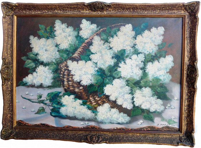 Tablou de mari dimensiuni &ndash; coş cu liliac alb &ndash; pictură de A. Drăghici