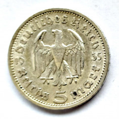 GERMANIA 5 REICHS MARK 1935 A HINDEMBURG ARGINT XF AUNC