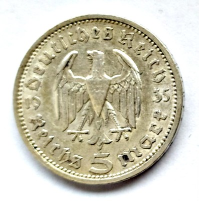 GERMANIA 5 REICHS MARK 1935 A HINDEMBURG ARGINT XF AUNC foto