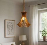 Lustra Lemn &amp; Sfoara, Design Rustic/Modern, 32x28cm, Bec LED Compatibil, Montaj Simplu, Casa/Cafenea/Restaurant