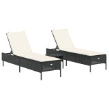 Set de sezlonguri, 3 piese, cu perna, poliratan negru