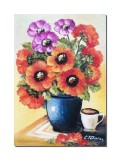 Cumpara ieftin Tablou pictat manual, Vaza cu maci, invitatie la o cafea, 50x35cm ulei pe panza, gata de agatat pe perete