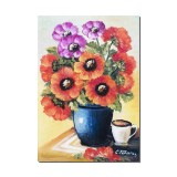 Tablou pictat manual, Vaza cu maci, invitatie la o cafea, 50x35cm ulei pe panza, gata de agatat pe perete