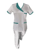 Costum Medical Pe Stil, Alb cu Elastan Cu Paspoal si Garnitură Turcoaz inchis, Model Nicoleta - 4XL, M