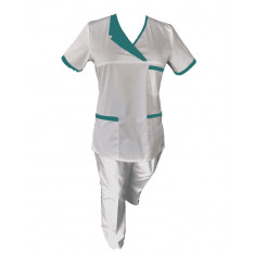 Costum Medical Pe Stil, Alb cu Elastan Cu Paspoal si Garnitură Turcoaz inchis, Model Nicoleta - XL, 2XL