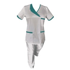 Costum Medical Pe Stil, Alb cu Elastan Cu Paspoal si Garnitură Turcoaz inchis, Model Nicoleta - 2XL, XL