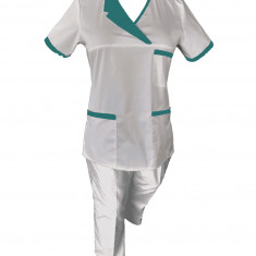 Costum Medical Pe Stil, Alb cu Elastan Cu Paspoal si Garnitură Turcoaz inchis, Model Nicoleta - 3XL, 3XL