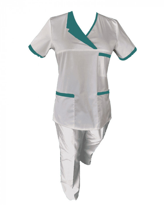 Costum Medical Pe Stil, Alb cu Elastan Cu Paspoal si Garnitură Turcoaz inchis, Model Nicoleta - 2XL, XS