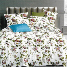 Lenjerie de pat pentru o persoana cu husa elastic pat si 2 fete perna dreptunghiulara, Daruka, bumbac mercerizat, multicolor