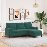 vidaXL Canapea cu 3 locuri și taburet, verde &icirc;nchis, 180 cm, catifea