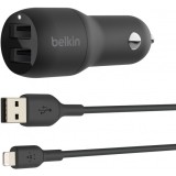 Incarcator Auto Cu Cablu Lightning Belkin BoostCharge Dual, 24W, 2.4A, 2 x USB-A, Negru CCD001bt1MBK