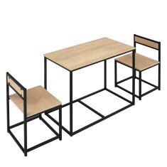HOMCOM Set Masă și scaune pentru Sălile de mese Set de 1 Masă + 2 scaune encastrabile pentru Bucătărie - metal negru Aspect de stejar deschis | Aosom