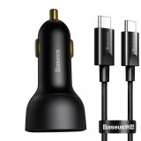 &Icirc;ncărcător Rapid Pentru Mașină Baseus Superme USB / USB Typ C 100W PPS Quick Charge Power Delivery + Cablu USB Tip C 100W (20V/5A) 1m Negru (TZCCZX-01