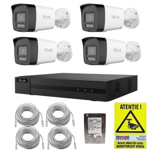 Kit supraveghere IP HiLook 4 camere 4MP PoE Dual Light 30m Microfon Difuzor, NVR 4 canale PoE 4K 8MP, Cabluri, HDD 1TB, Autocolant Rovision SafetyGuar