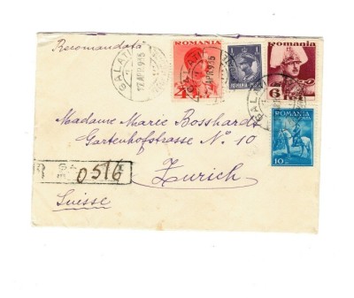 Romania 1935 - Recomandata circulata Galati - Zurich foto