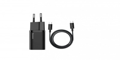 Incarcator de retea, Baseus Super Si, TZCCSUP-L01, 1 port USB-C, EU, Quick Charge, 25W, Universal, Negru, Cablu USB-C inclus, Blister foto