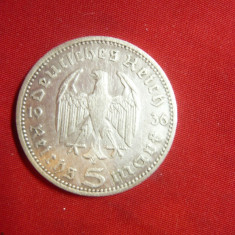 Moneda 5 Marci 1936 Hindemburg , argint ,mica lovitura pe margine ,Germania