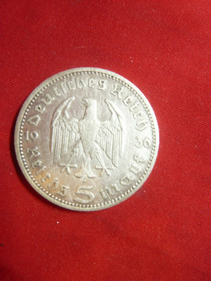 Moneda 5 Marci 1936 Hindemburg , argint ,mica lovitura pe margine ,Germania foto