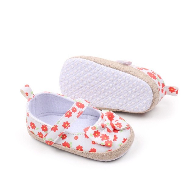 Pantofiori bebelusi cu model floral portocaliu si fundita (Marime Disponibila: