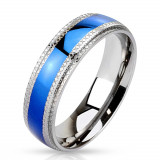 Inel din oțel inoxidabil - f&acirc;șie albastră lucioasă și margini zimțate - Marime inel: 67