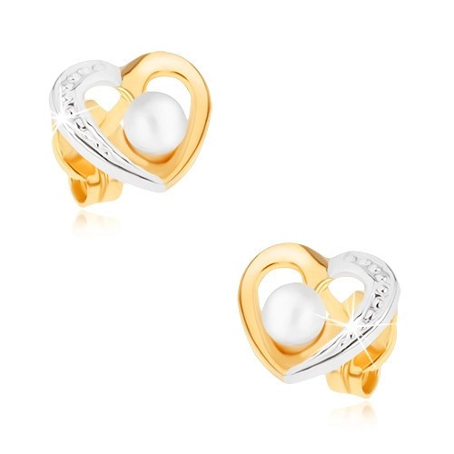 Cercei din aur 375 placaţi cu rodiu - contur de inimă &icirc;n două culori, perlă albă