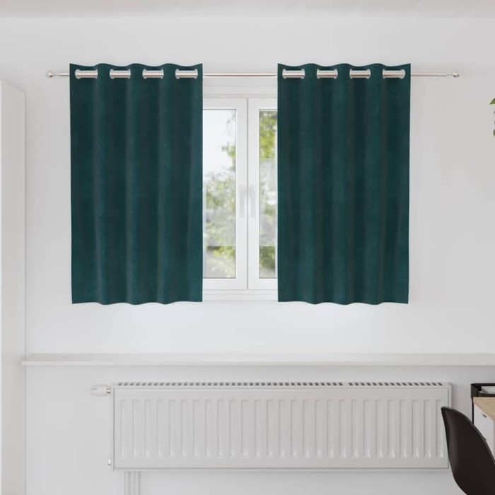 Draperii opace cu ocheți, 2 buc., verde &icirc;nchis, catifea