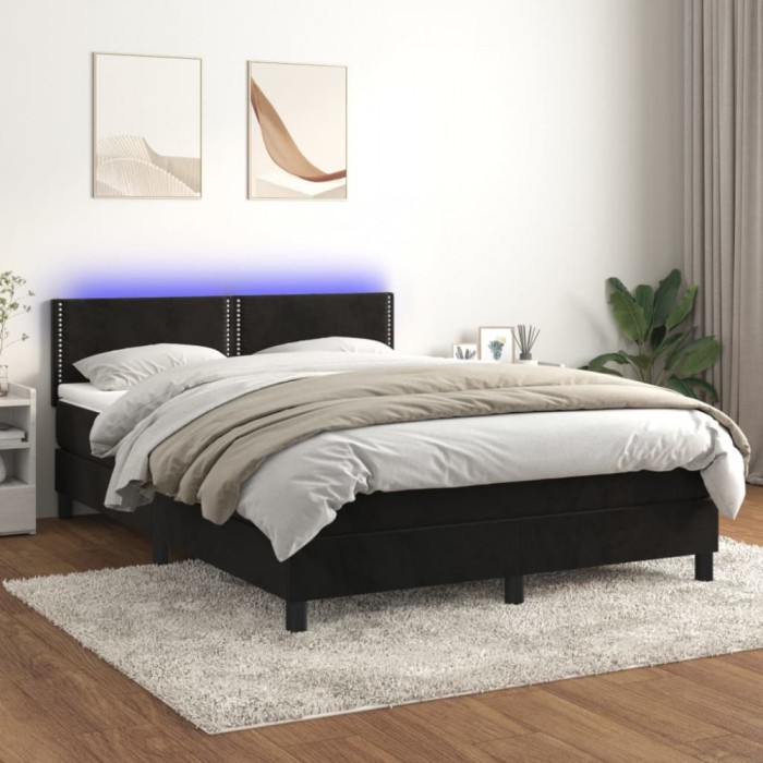 vidaXL Pat cu arcuri, saltea și LED, negru, 140x190 cm, catifea 3134341