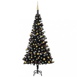 Brad Crăciun pre-iluminat cu set globuri, negru, 150 cm, PVC