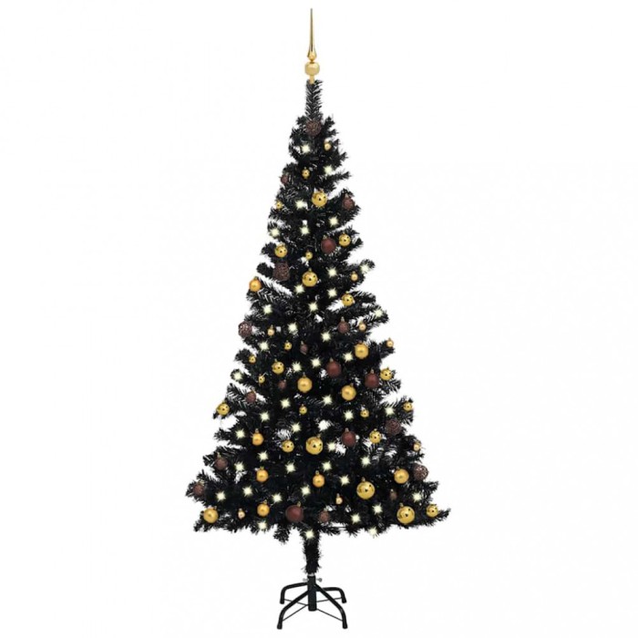 Brad Crăciun pre-iluminat cu set globuri, negru, 150 cm, PVC