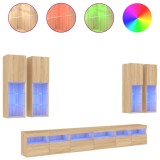 Cumpara ieftin Comode TV de perete cu lumini LED, 7 piese, stejar sonoma