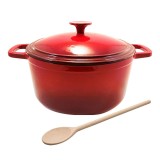 Oala Fonta Emailata Perfect Home 5.2L, 26cm, cu Capac si Lingura Lemn, Rosu. Compatibila inductie/cuptor