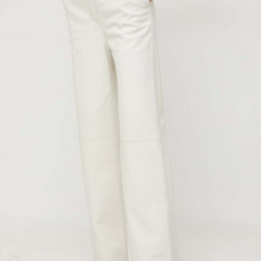 BOSS pantaloni de piele femei, culoarea bej, drept, high waist 50516959