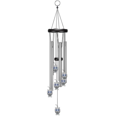 Clopotel de vant cu 5 tuburi sonore metalice argintii pentru casa sau gradina, model Feng-Shui cu bufnite foto
