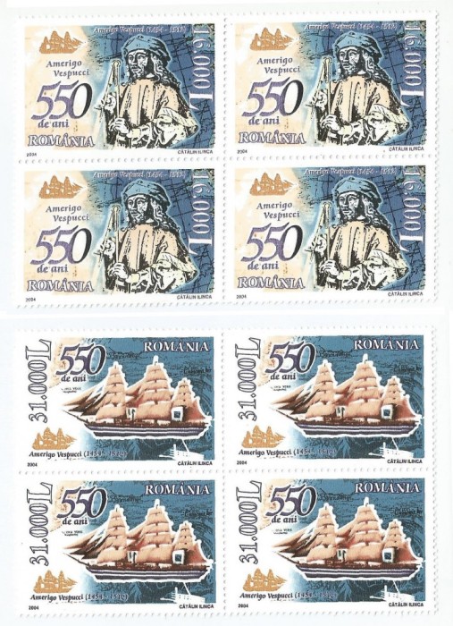 |Romania, LP 1627/2004, 550 ani de la nasterea lui Amerigo Vespucci, bloc 4, MNH