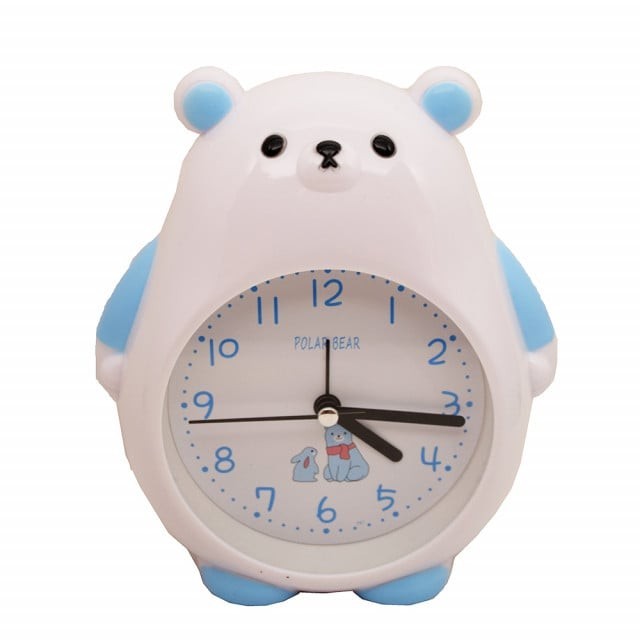 Ceas de masa desteptator pentru copii Pufo, model Ursuletul Grijuliu , 26 cm, alb/ albastru