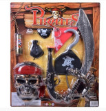 Set pirat format din pistol, o sabie, un carlig de pirat, un breloc bandana, o punga pentru monede, un craniu, o masca pentru ochi si un dop - 9 piese