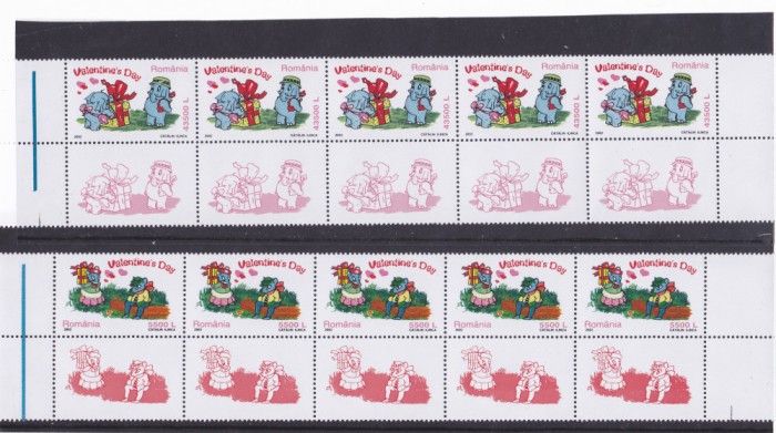 Romania 2002, LP 1579 a, Ziua Indragostitilor, straif de 5 serii cu viniete,MNH.