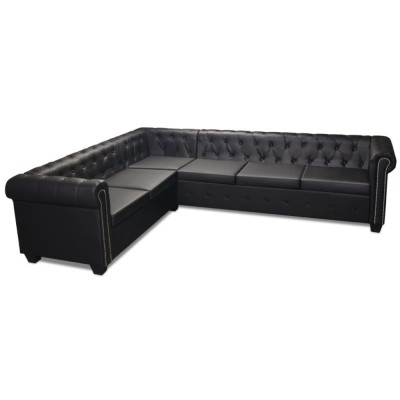 Canapea coltar Chesterfield 6 locuri, piele artificiala, neagra foto