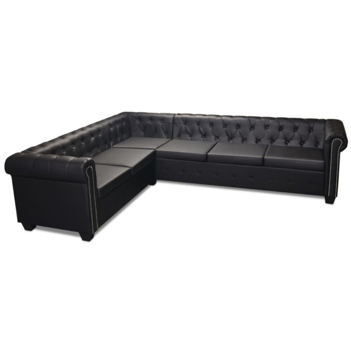 Canapea coltar Chesterfield 6 locuri, piele artificiala, neagra