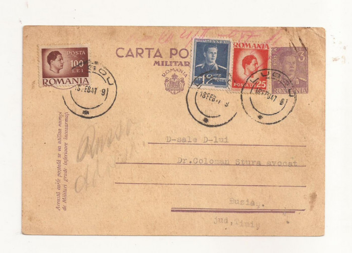 K1 Carta Postala Militara , Romania , circulata Lugoj-Buzias 1947