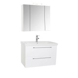 Set mobilier baie suspendat, cu lavoar ceramic, GN0541, front MDF, 80 cm, 2 sertare, glisiere soft close si dulap cu oglinda Celine, PAL, iluminare le