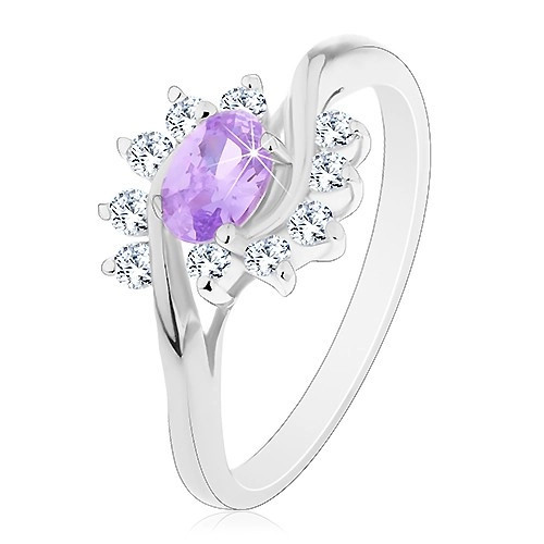 Inel argintiu, zirconiu oval, violet-deschis și arce transparente - Marime inel: 49