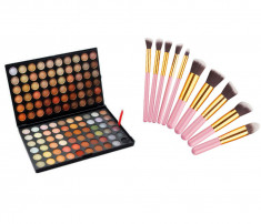 Set profesional pentru machiaj cu Trusa de Farduri 120 Nuante P4 si 10 Pensule Top Quality Kabuki, Pink Gold foto